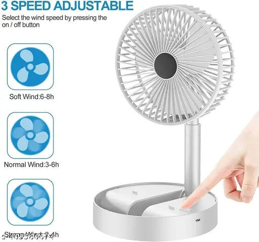 USB Rechargeable Foldable Desk Fan | Height Adjustable | 3-Speed Portable Table Fan with Mobile Phone Stand