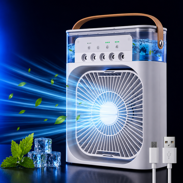 Portable Mini Air Cooler Fan with Water Mist & LED Light – USB Rechargeable