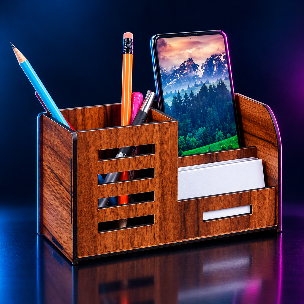 Wooden Pen Stand with Mobile & Visiting Card Holder | Desk Organizer for Office & Home Dropdash