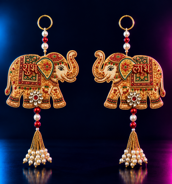 Elephant Designer Shubh Labh Wall Hanging Set | Traditional Home Decor, Pooja & Festive Decoration Dropdash
